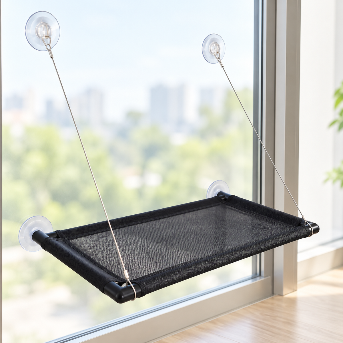 Hamac de fenêtre noir pour chat avec toile maillée et fixations à ventouses