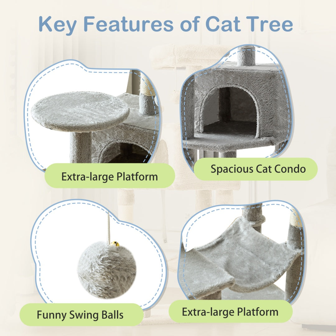 Détails de la niche, des plateformes et des jouets de l’arbre à chat
