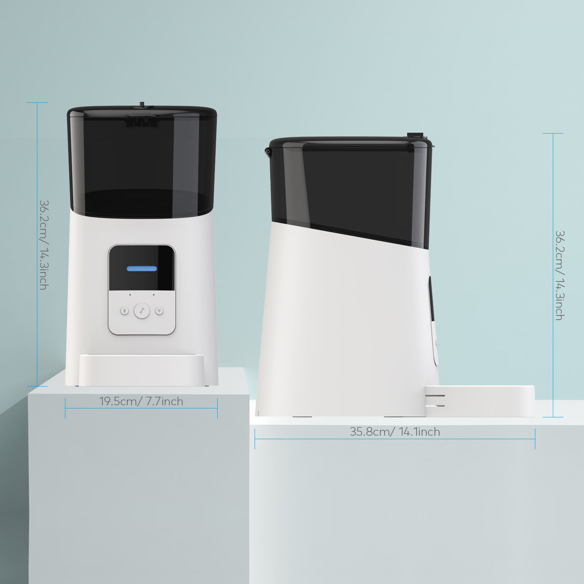 Distributeur automatique de croquettes blanc présenté avec ses dimensions