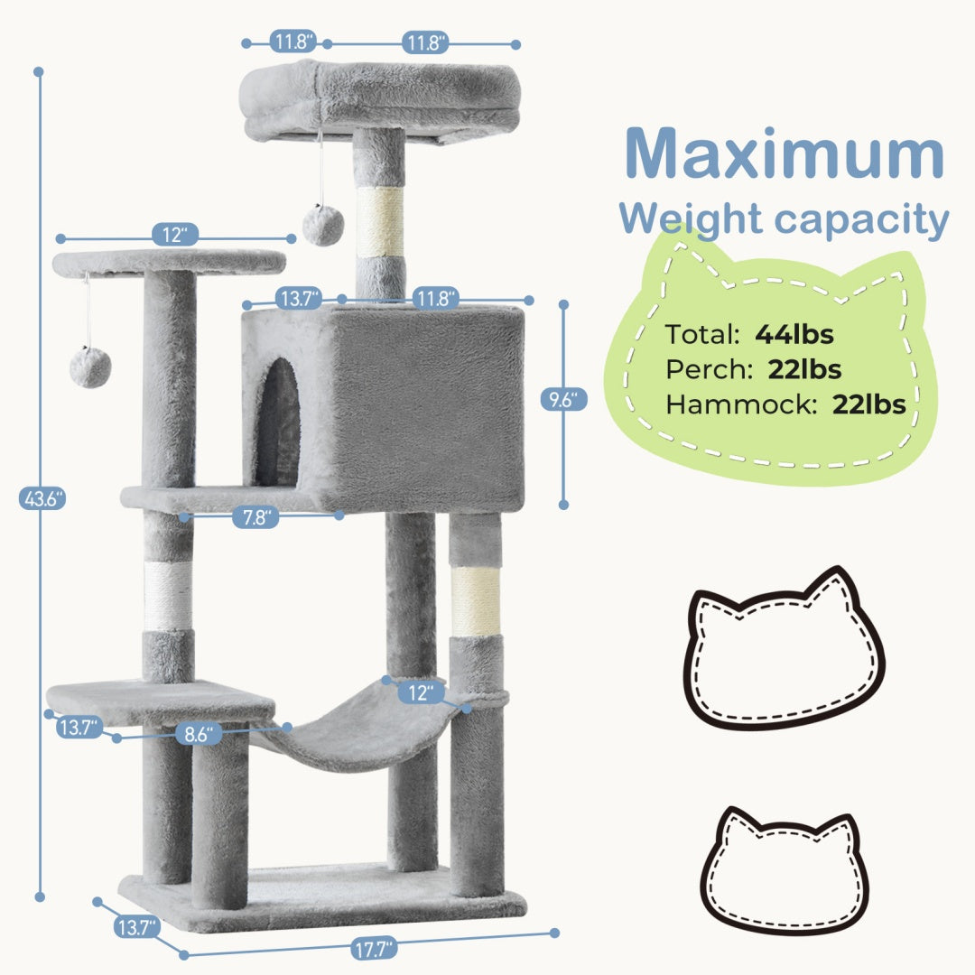 Schéma des dimensions de l’arbre à chat gris clair de 113 cm