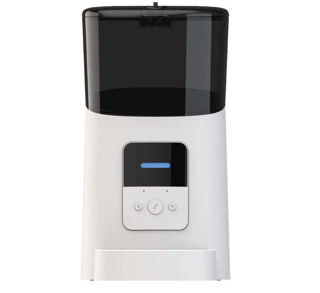 Distributeur de croquettes blanc avec réservoir foncé et commandes frontales