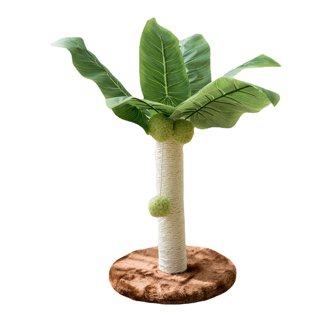 Arbre à chat cocotier avec feuilles vertes et base marron sur fond blanc