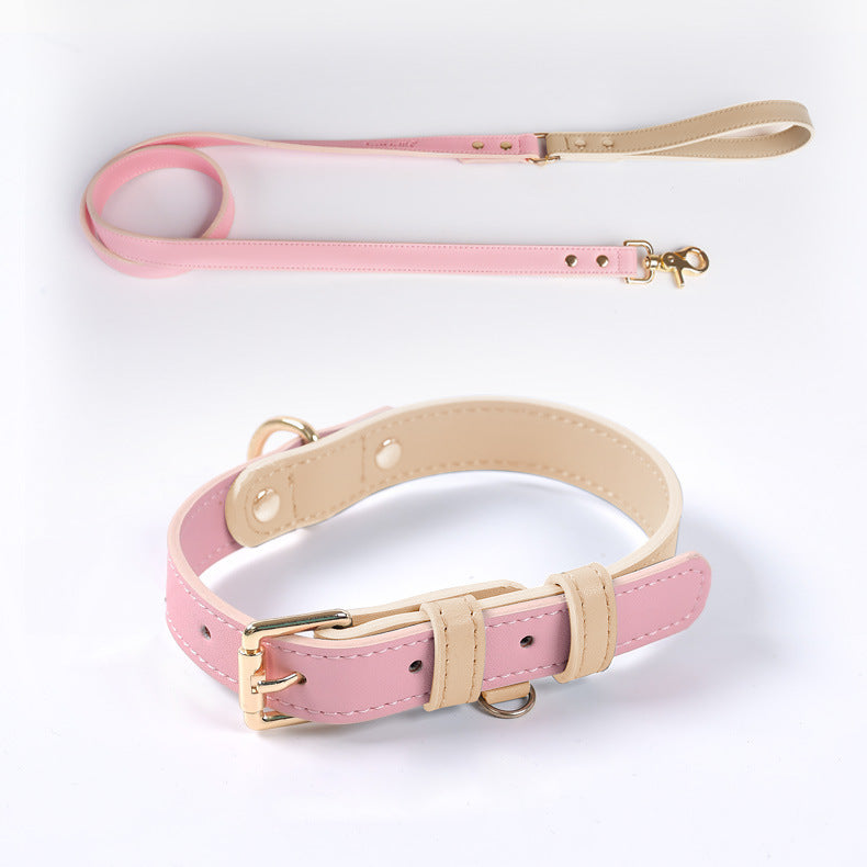 Ensemble collier et laisse rose avec bouclerie dorée