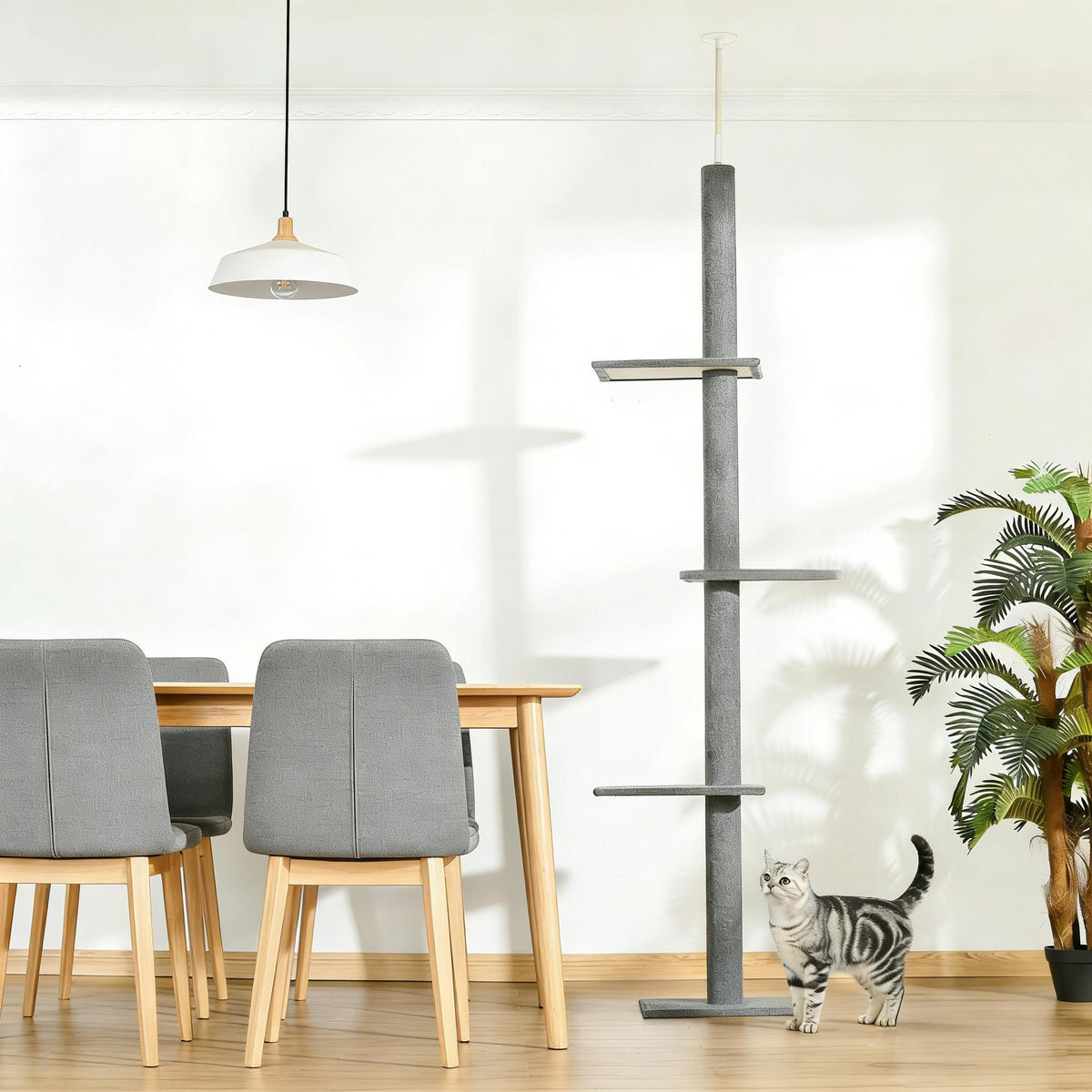 Arbre à chat sol-plafond gris à quatre plateformes dans une salle à manger