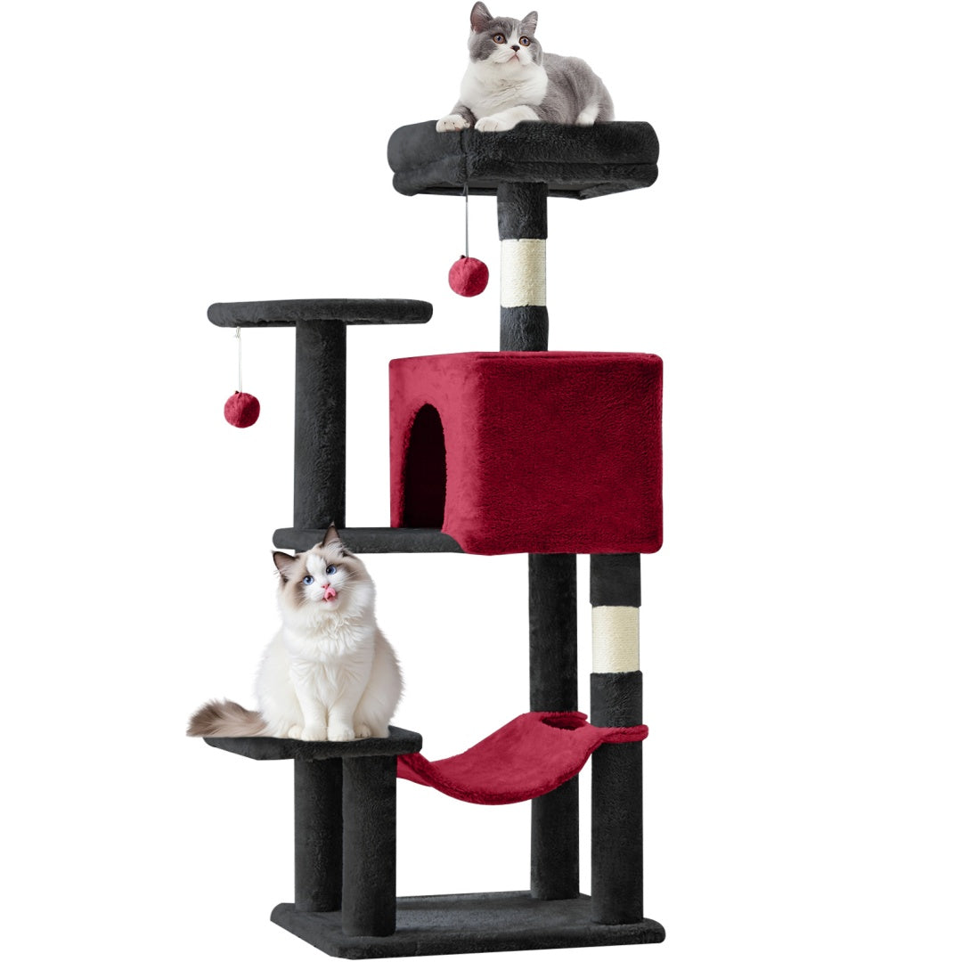 Arbre à chat noir et rouge avec niche et hamac, utilisé par deux chats
