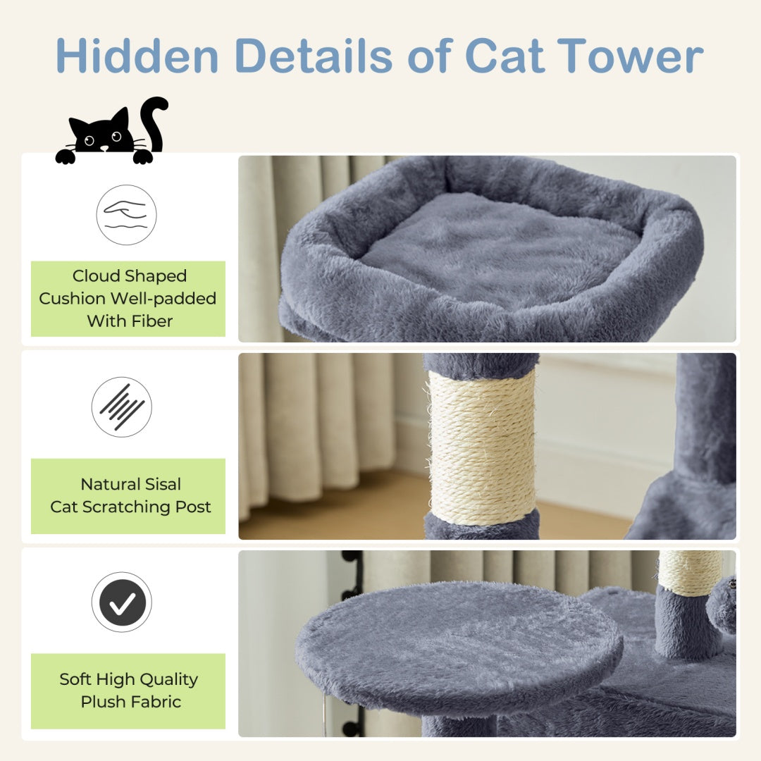 Détails du coussin, du poteau à griffer et du revêtement de l’arbre à chat