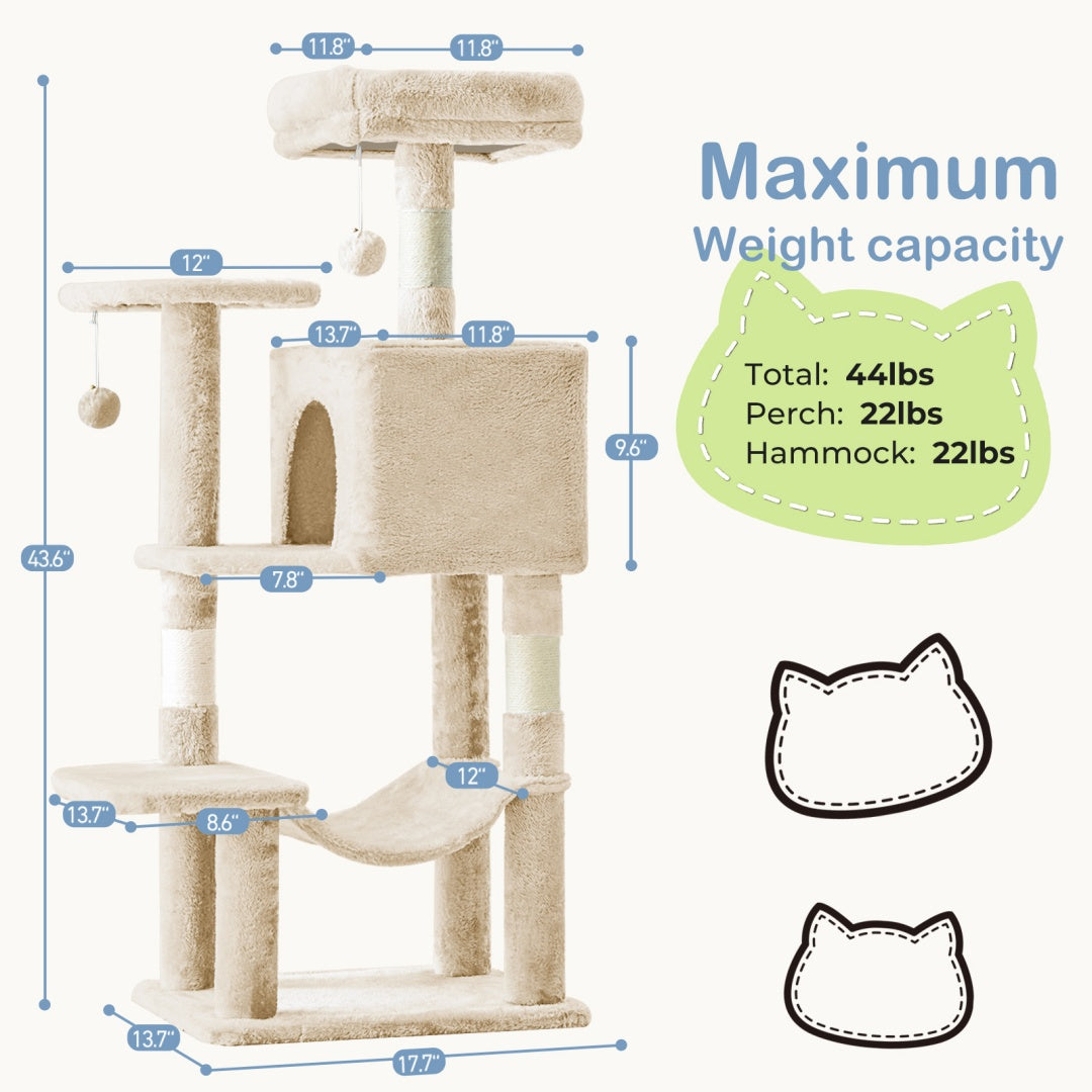 Schéma des dimensions de l’arbre à chat beige de 113 cm