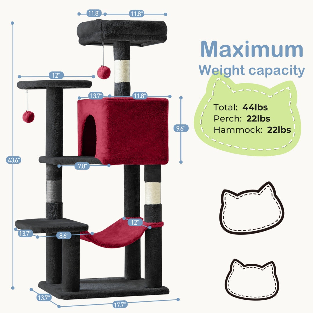 Schéma des dimensions de l’arbre à chat noir et rouge avec niche et hamac