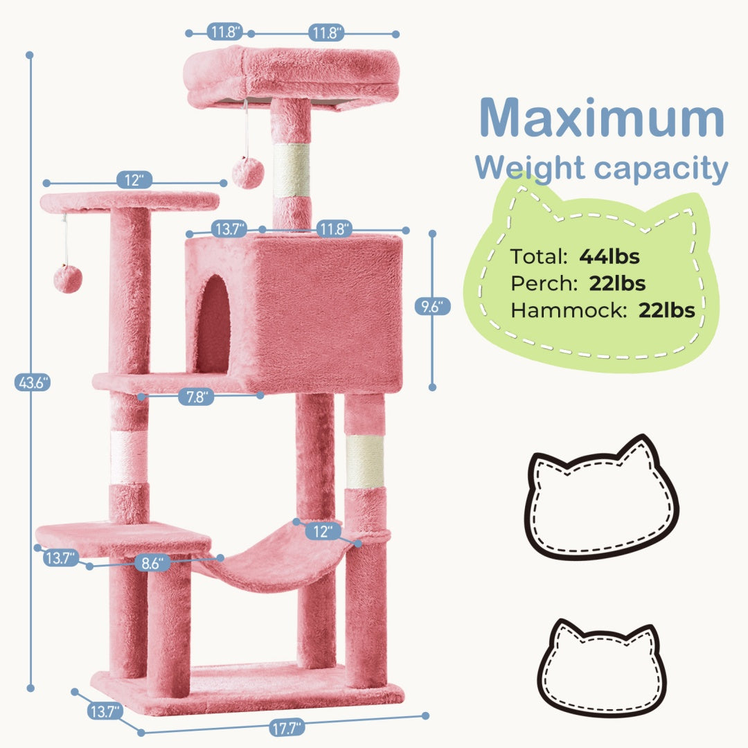Schéma des dimensions de l’arbre à chat rose de 113 cm