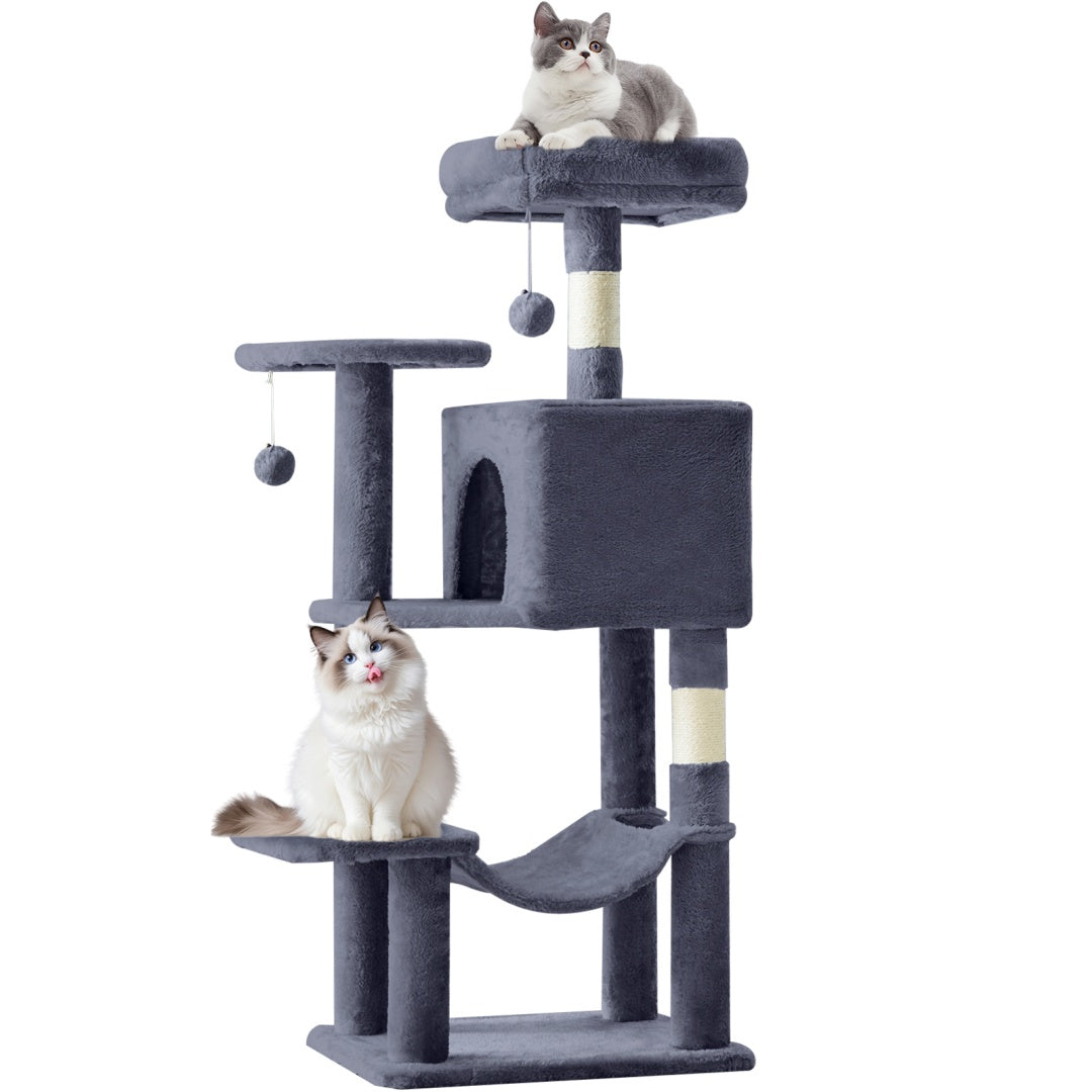 Arbre à chat gris foncé avec niche et hamac, utilisé par deux chats