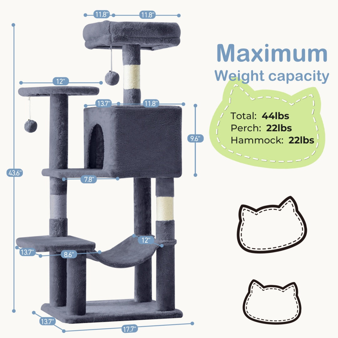 Schéma des dimensions de l’arbre à chat gris foncé de 113 cm