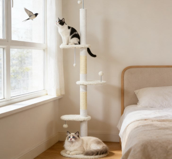Arbre à chat blanc à plateformes nuage installé près d’une fenêtre