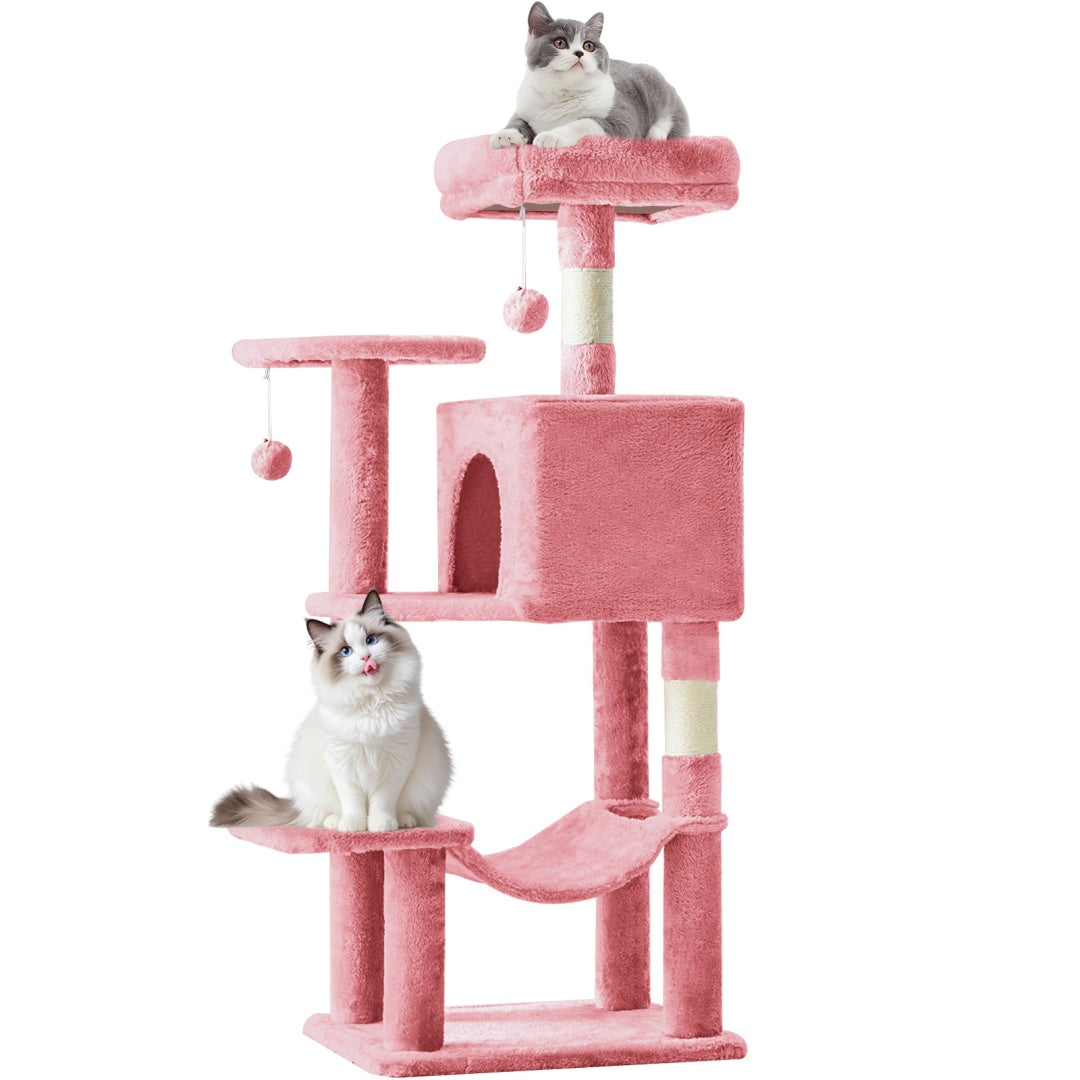 Arbre à chat rose de 113 cm avec niche et hamac, utilisé par deux chats
