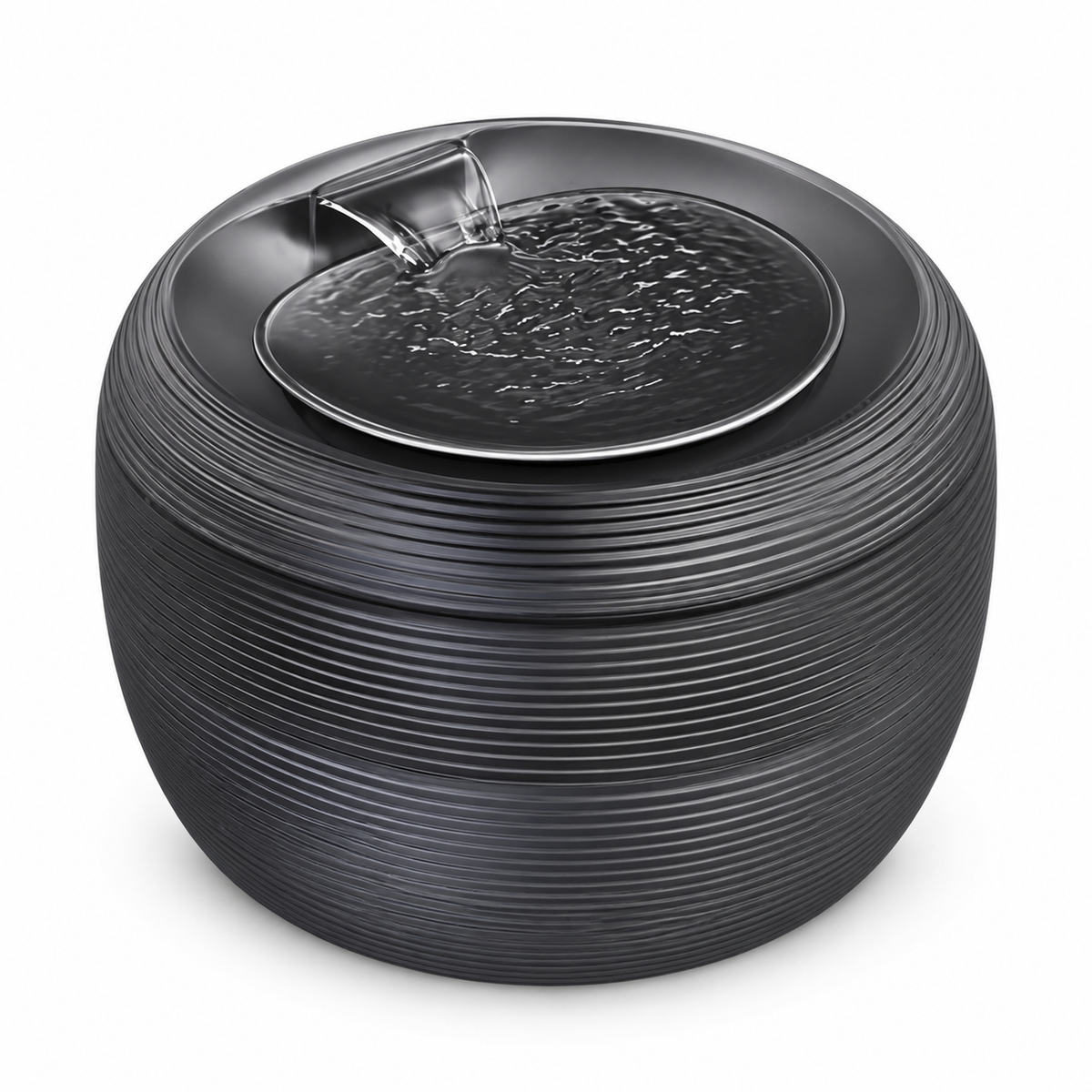 Fontaine à eau noire pour chat et chien à corps rond nervuré, sur fond blanc